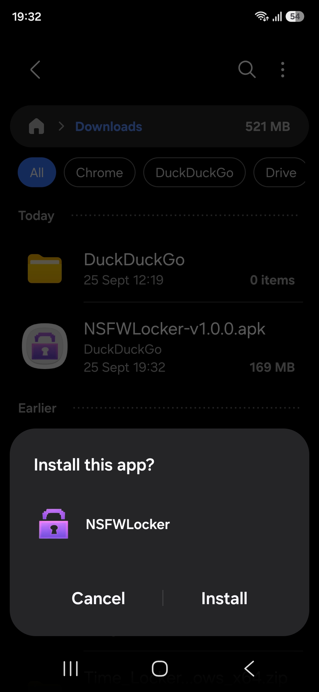 Android package installer asking to install NSFW Locker