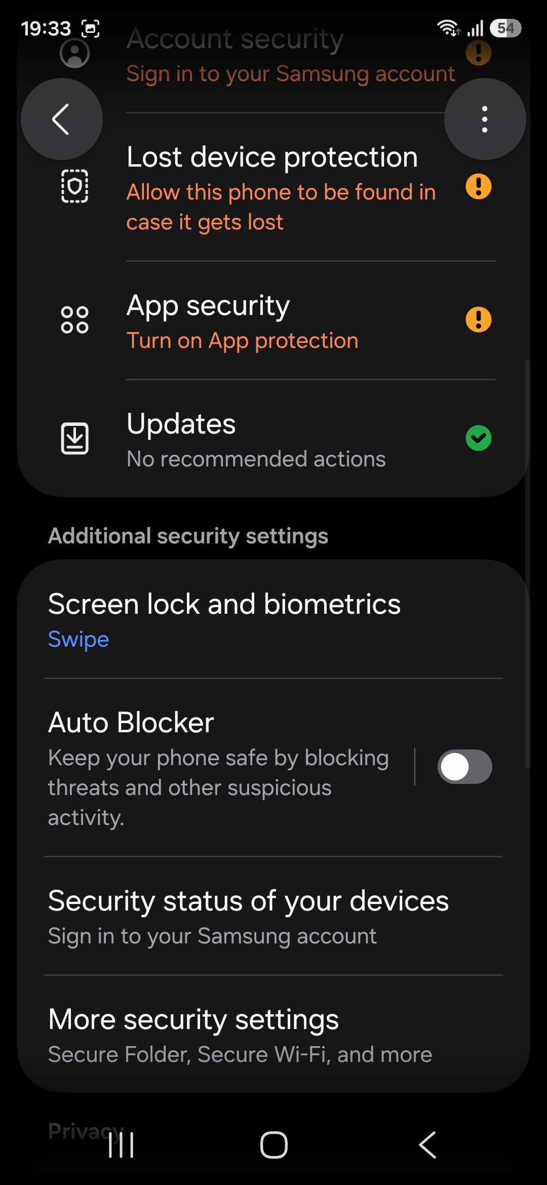 Samsung Security and privacy settings showing Auto Blocker