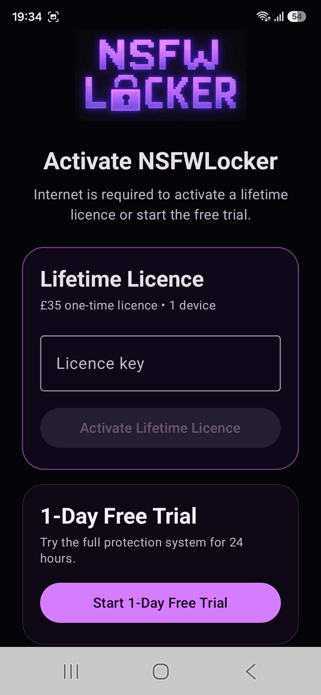 NSFW Locker activation screen with free trial and lifetime licence