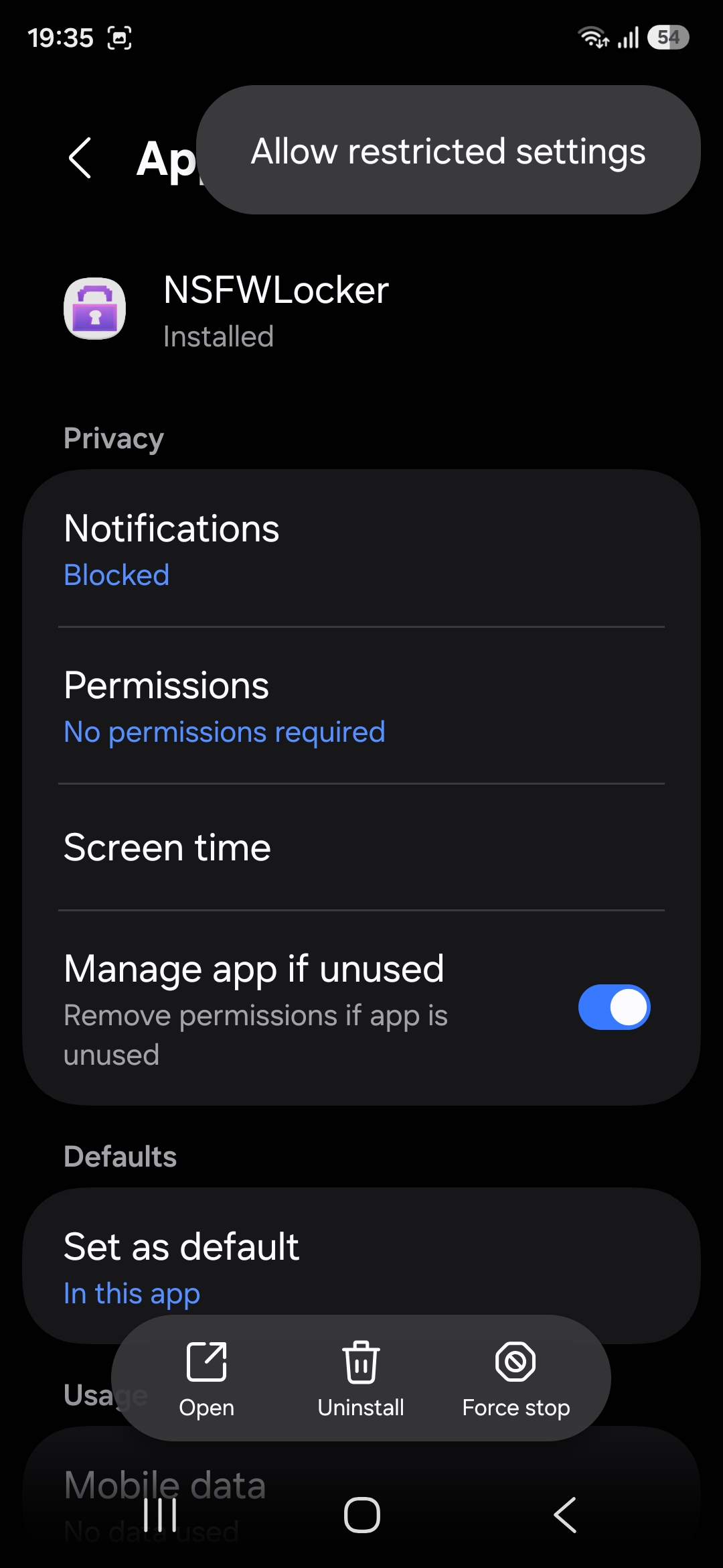 Android App info showing Allow restricted settings for NSFW Locker