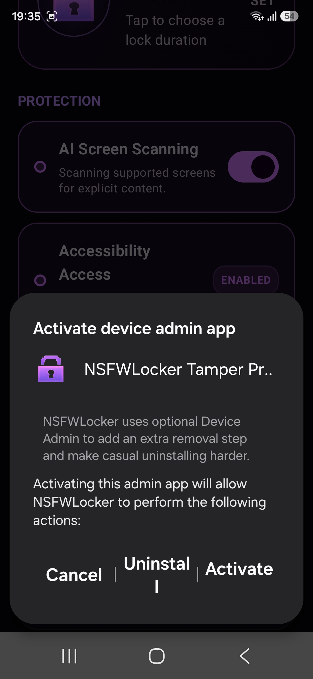 Android Device Admin activation for NSFW Locker
